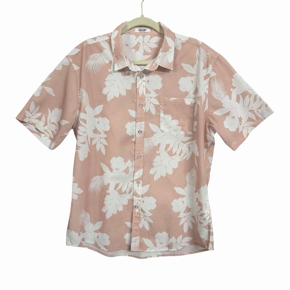 Coofandy Men's Sz L Pink White Hawaiian Floral Shirt Short Sleeve Palm Print